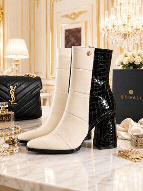 Stivali Black Croc Patent Leather White Leather Blend Block Heel Tall Ankle Boot